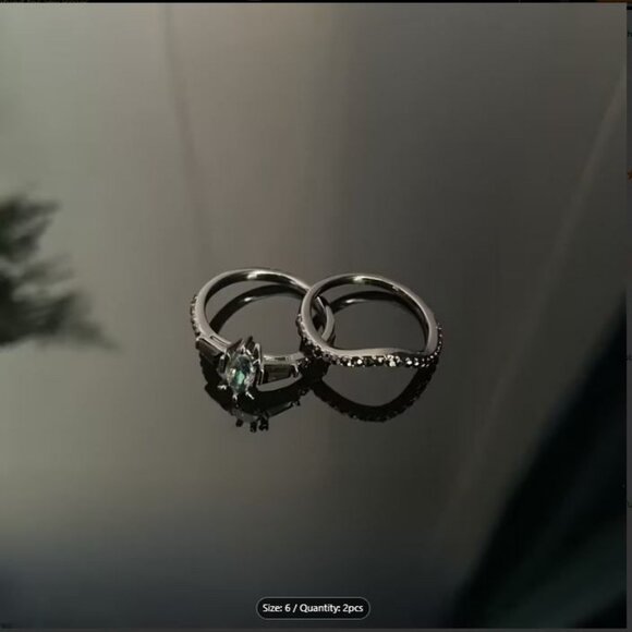 Marquise Cut Alexandrite Engagement Wedding Stacked 2 Ring Set in Rhodium - Picture 5 of 6